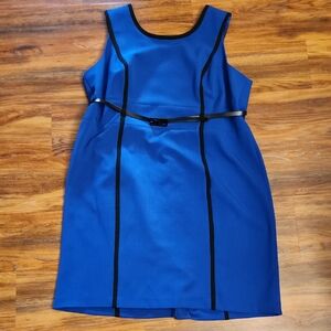 Women's  Blue Sleeveless Belted Dress with Black Accents